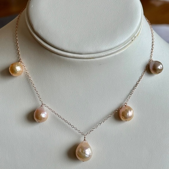 Hand Crafted Jewelry - Five Cultured Edison Pearls - 14K ROSE Gold Filled Necklace - 16 1/2 Inches